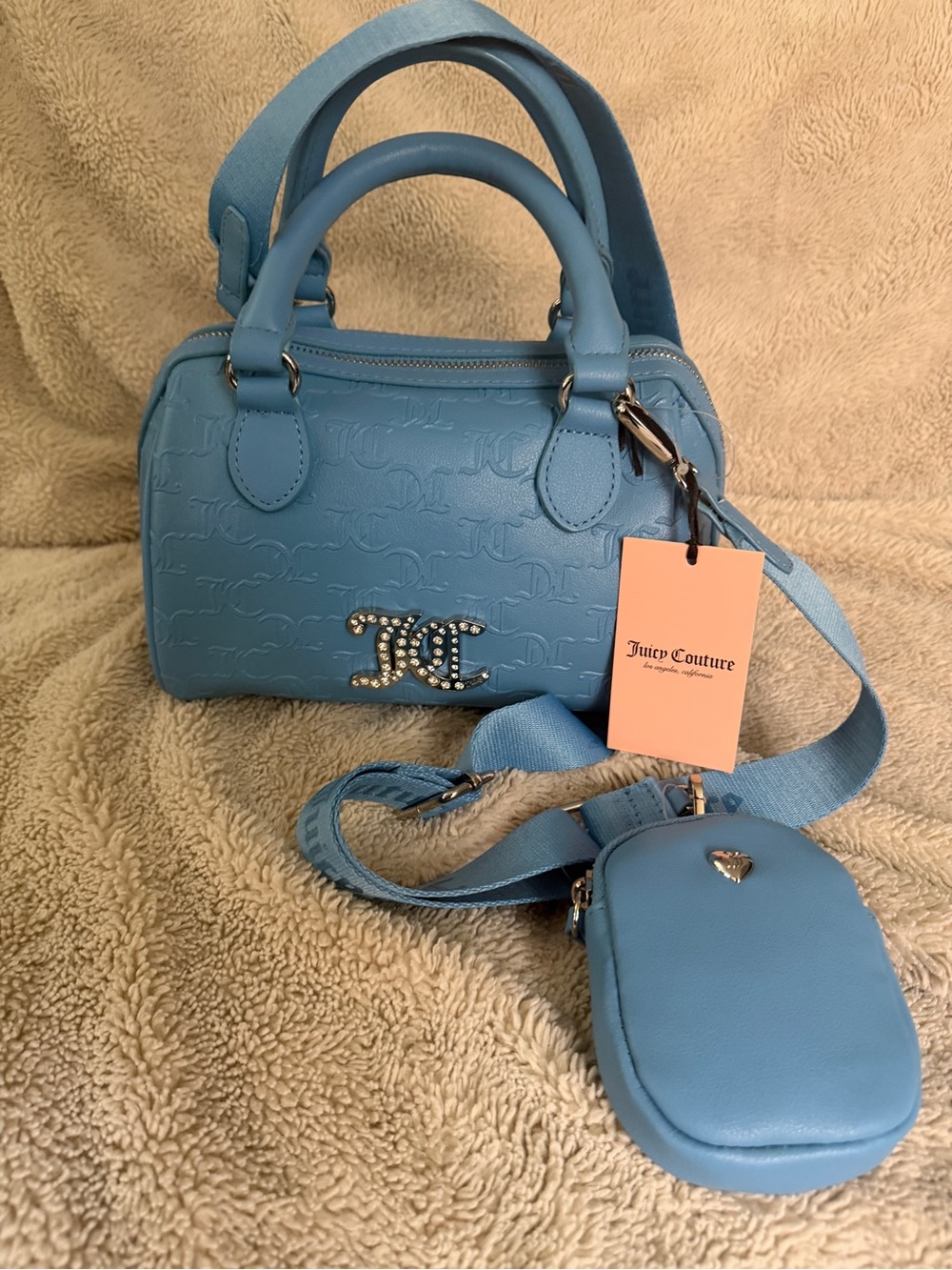 Juicy Couture Sky Blue Embossed Logo Satchel with Crossbody Pouch